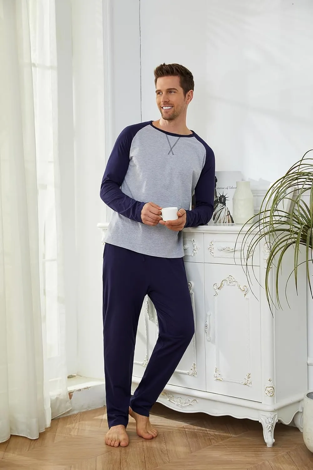 Men's Pajama Sets Cotton Mens Pjs Sets Long Sleeve Shirts and Pants Sleepwear Lightweight Soft Loungewear