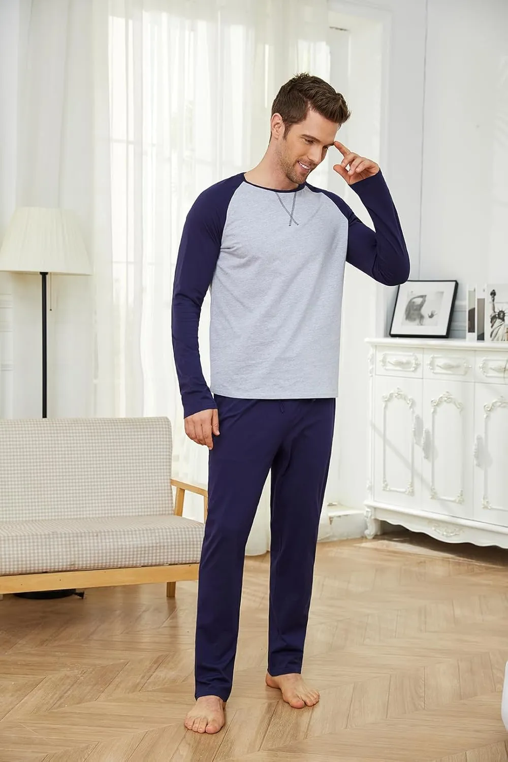 Men's Pajama Sets Cotton Mens Pjs Sets Long Sleeve Shirts and Pants Sleepwear Lightweight Soft Loungewear