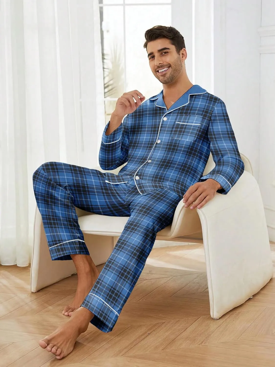 Mens Plaid Button Front Flannel Pajamas Set Cotton Pjs Warm Soft Lounge 2 Pieces Sleepwear Top with Pockets & Pj Pants