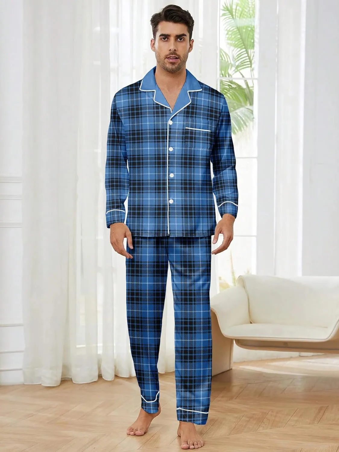 Mens Plaid Button Front Flannel Pajamas Set Cotton Pjs Warm Soft Lounge 2 Pieces Sleepwear Top with Pockets & Pj Pants