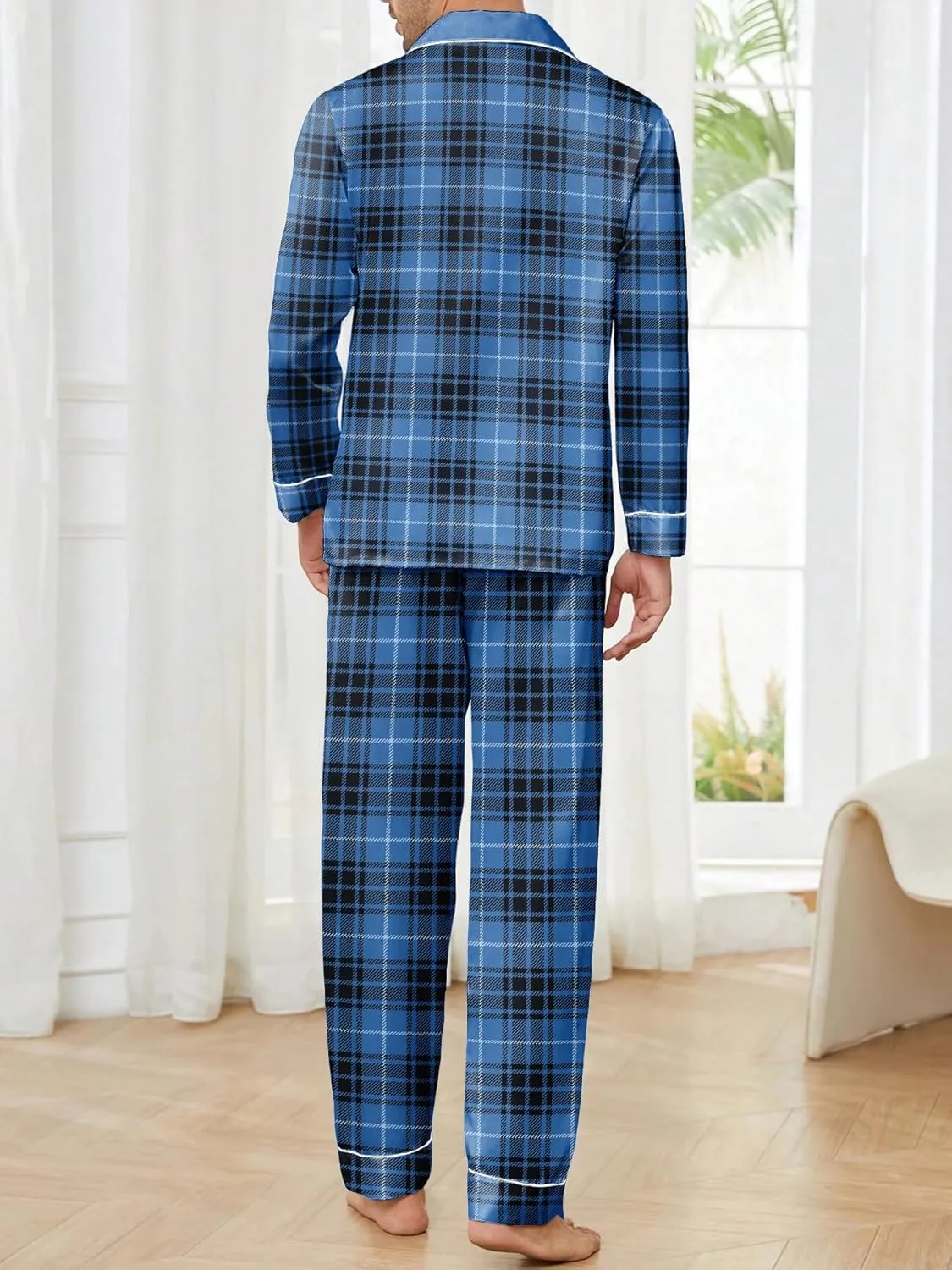 Mens Plaid Button Front Flannel Pajamas Set Cotton Pjs Warm Soft Lounge 2 Pieces Sleepwear Top with Pockets & Pj Pants