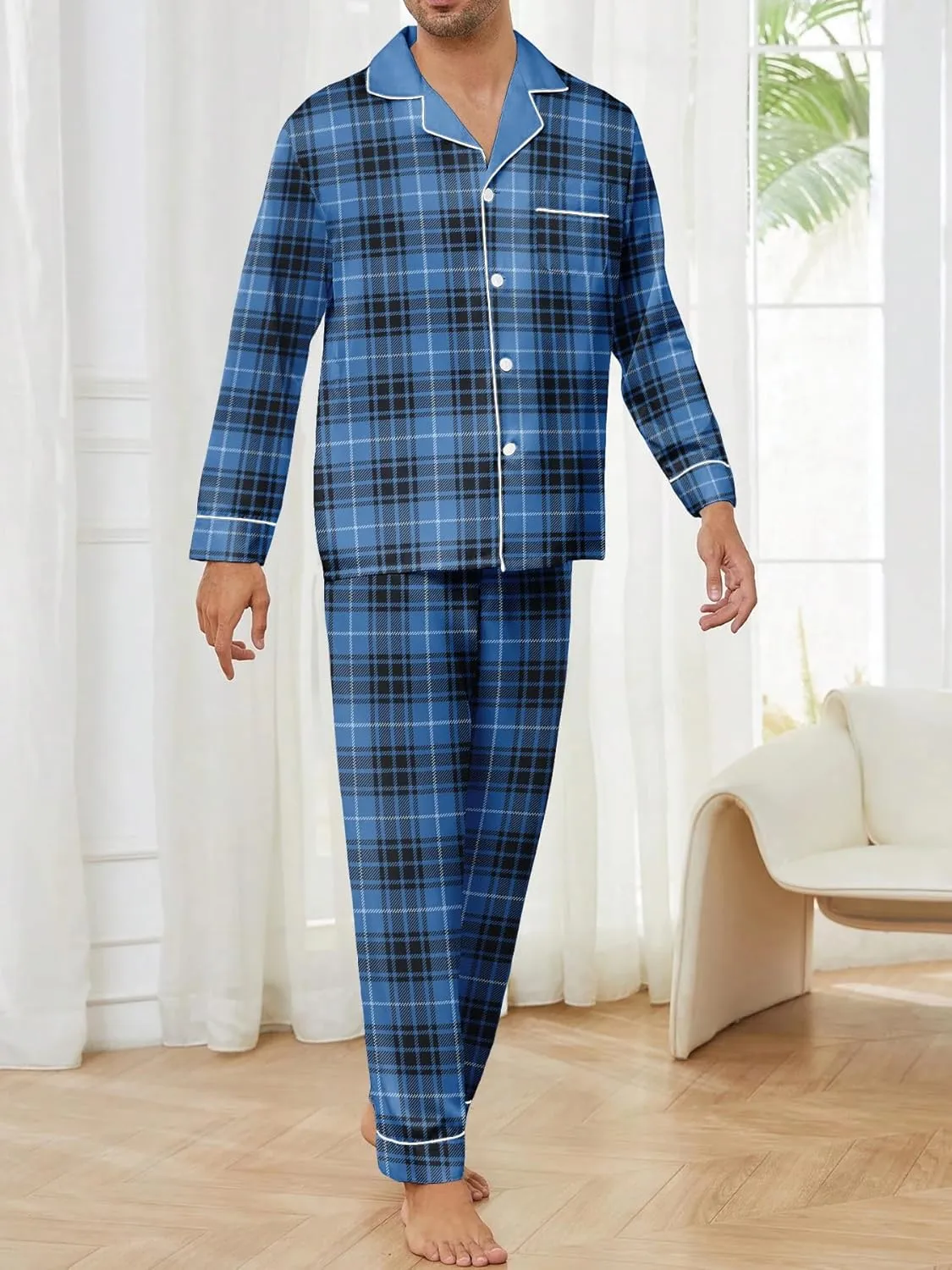 Mens Plaid Button Front Flannel Pajamas Set Cotton Pjs Warm Soft Lounge 2 Pieces Sleepwear Top with Pockets & Pj Pants
