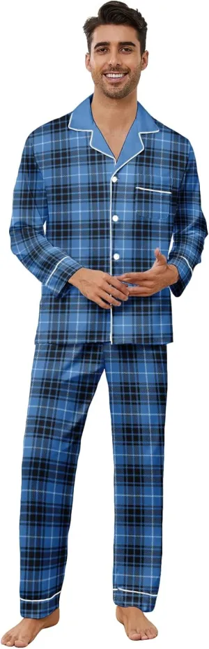 Mens Plaid Button Front Flannel Pajamas Set Cotton Pjs Warm Soft Lounge 2 Pieces Sleepwear Top with Pockets & Pj Pants