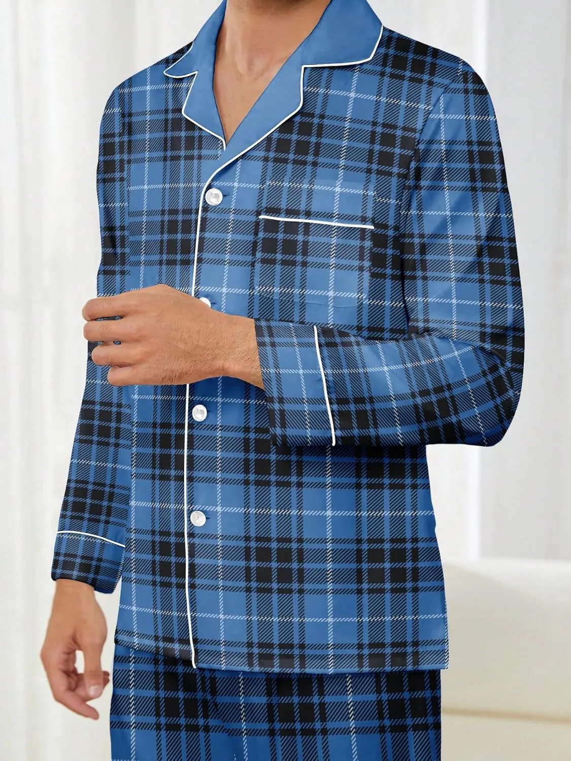 Mens Plaid Button Front Flannel Pajamas Set Cotton Pjs Warm Soft Lounge 2 Pieces Sleepwear Top with Pockets & Pj Pants