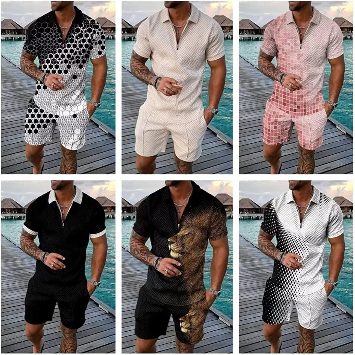 Mens Short Sets 2 Piece Outfits Short Sleeve Zipper Polo Shirts and Shorts Sets Classic Gym Workout Summer Tracksuits