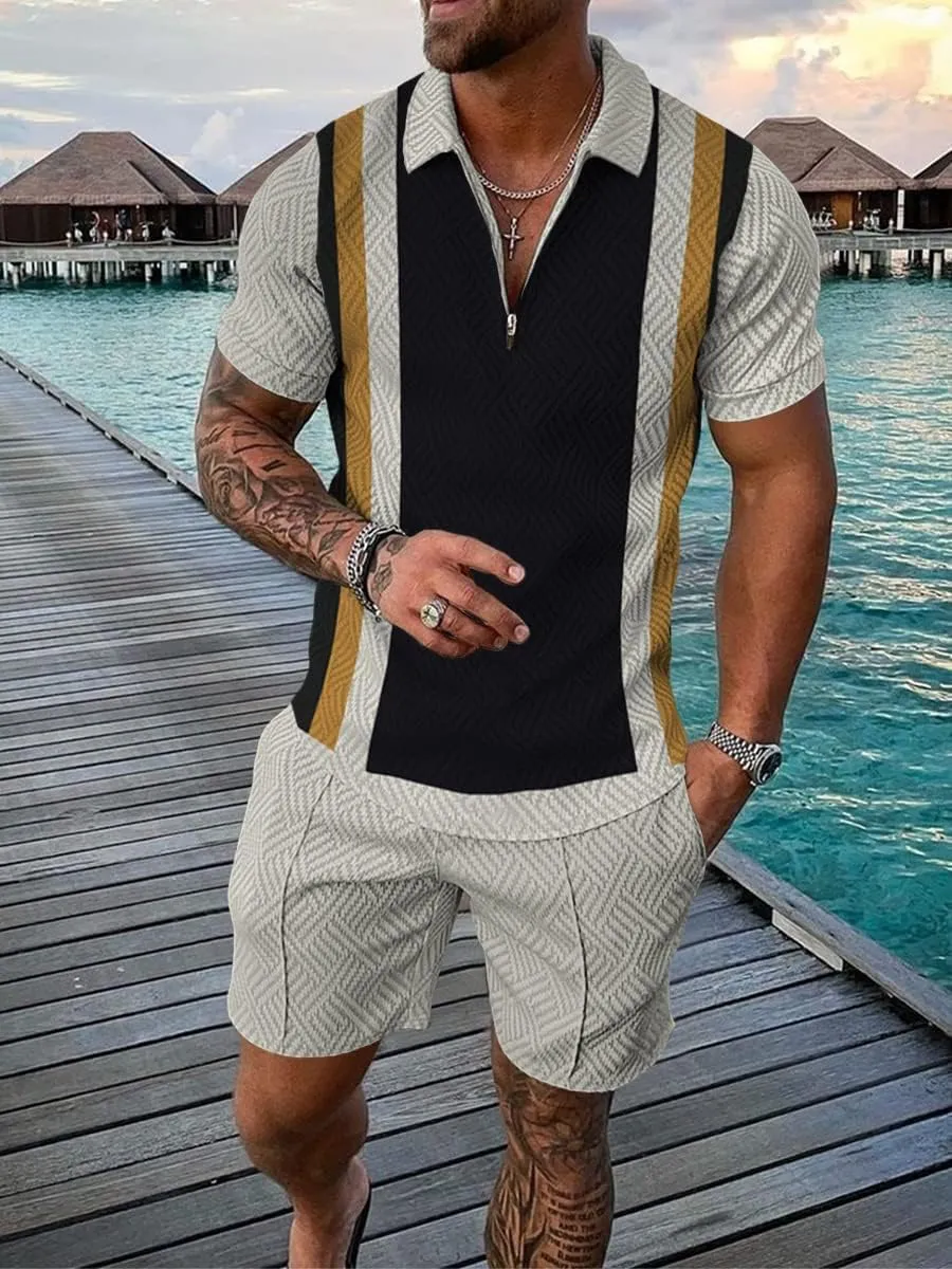 Mens Short Sets 2 Piece Outfits Short Sleeve Zipper Polo Shirts and Shorts Sets Classic Gym Workout Summer Tracksuits