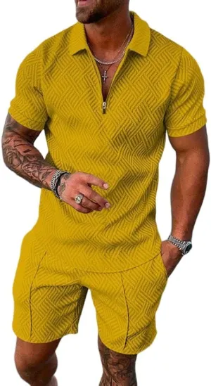 Mens Short Sets 2 Piece Outfits Short Sleeve Zipper Polo Shirts and Shorts Sets Classic Gym Workout Summer Tracksuits