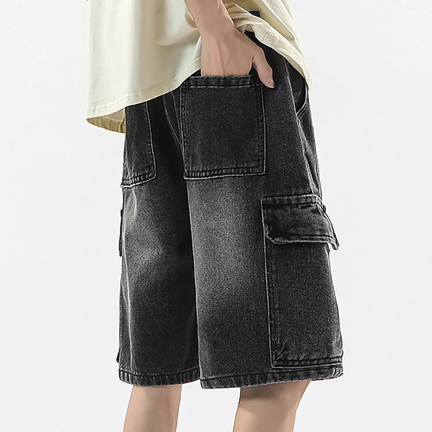 Mens Y2K Baggy Jean Shorts Summer Casual Hip Hop Skateboard Pants Loose Denim Shorts with Pockets Streetwear