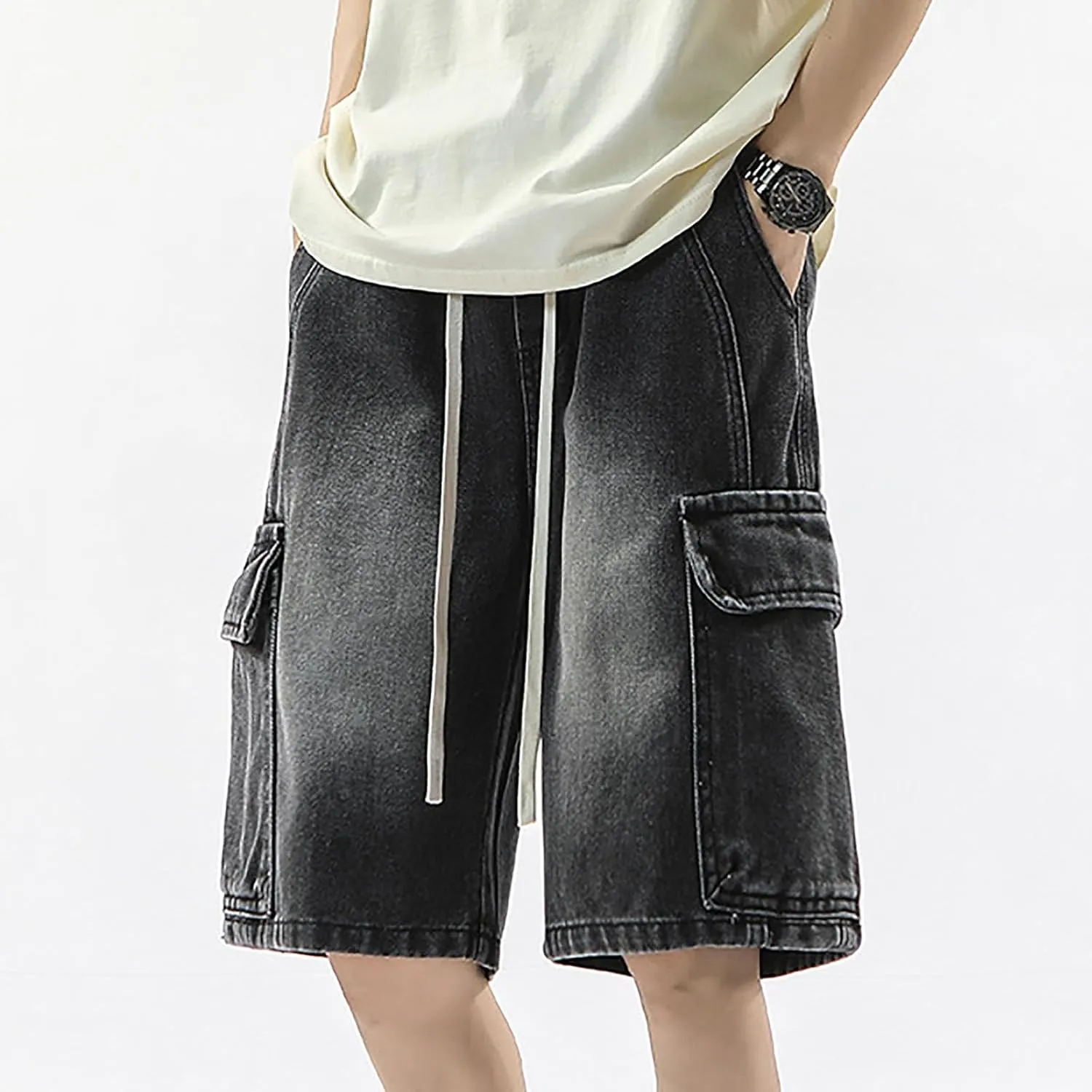 Mens Y2K Baggy Jean Shorts Summer Casual Hip Hop Skateboard Pants Loose Denim Shorts with Pockets Streetwear