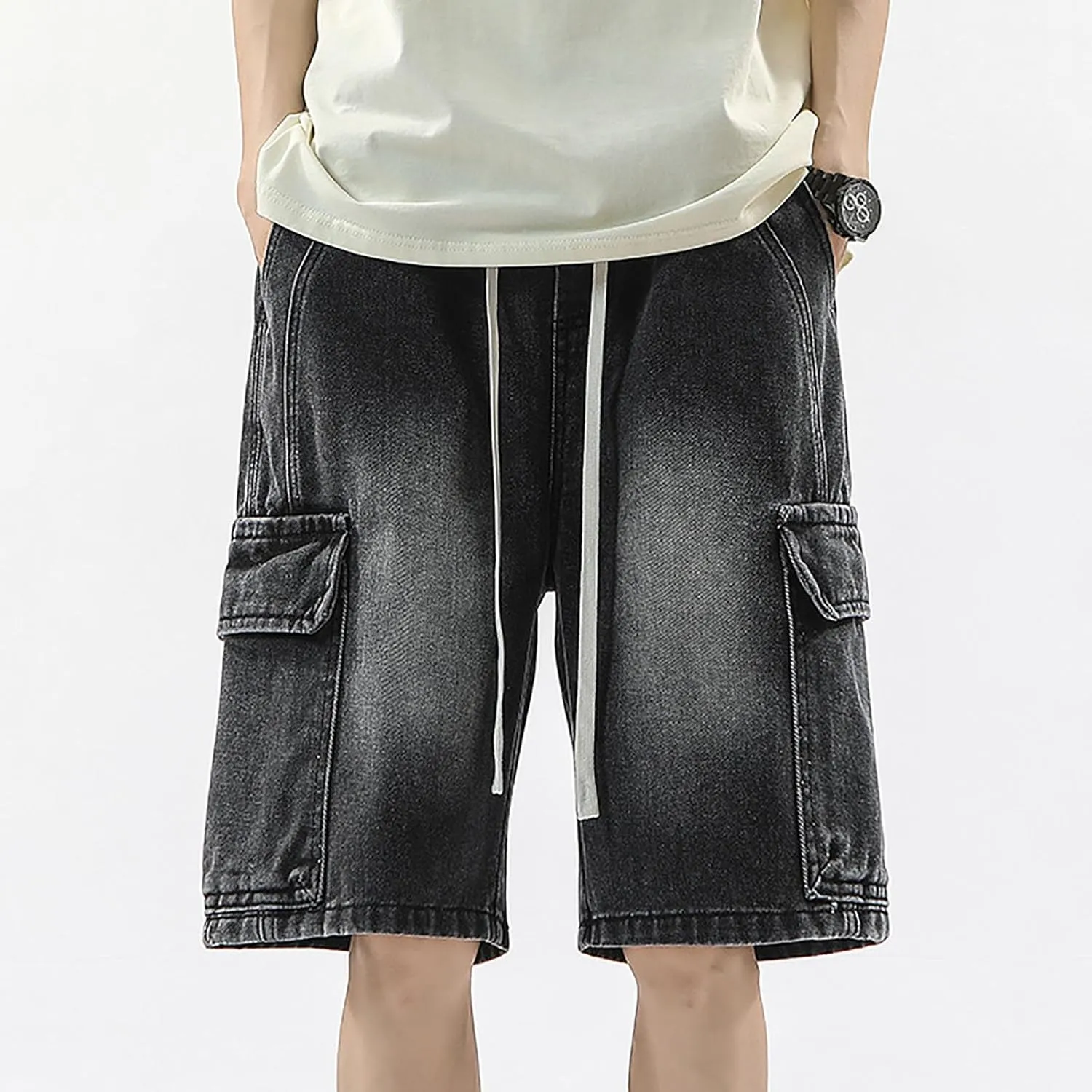 Mens Y2K Baggy Jean Shorts Summer Casual Hip Hop Skateboard Pants Loose Denim Shorts with Pockets Streetwear