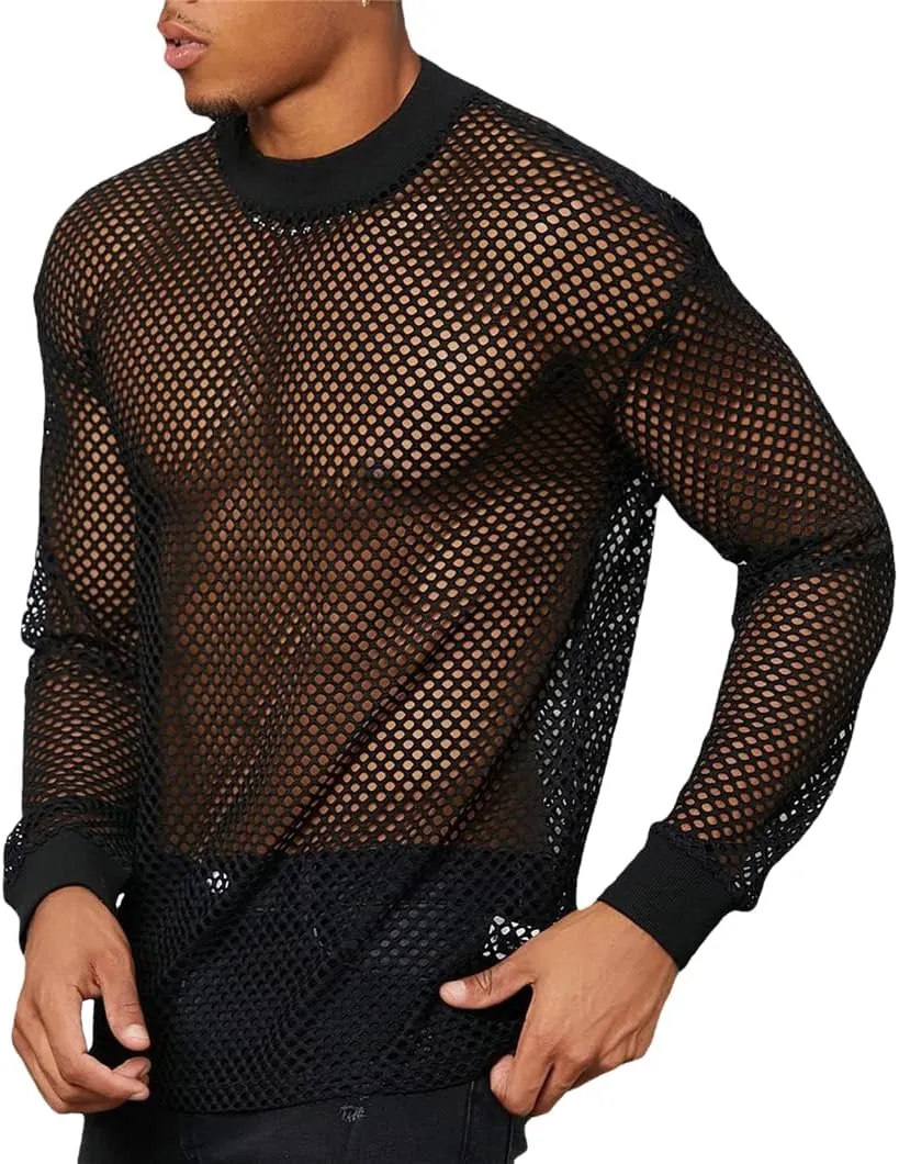Mesh T-Shirt for Men Solid Color See-Through Fishnet Tops Hollow Transparent Undershirt Camisetas