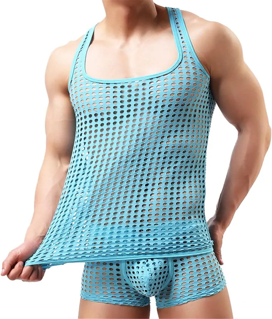 Mesh Tank Tops Boxers Men Fishnet Quick Dry Beachwear Fitness Bodybuilding Tanks Shirts Boxers