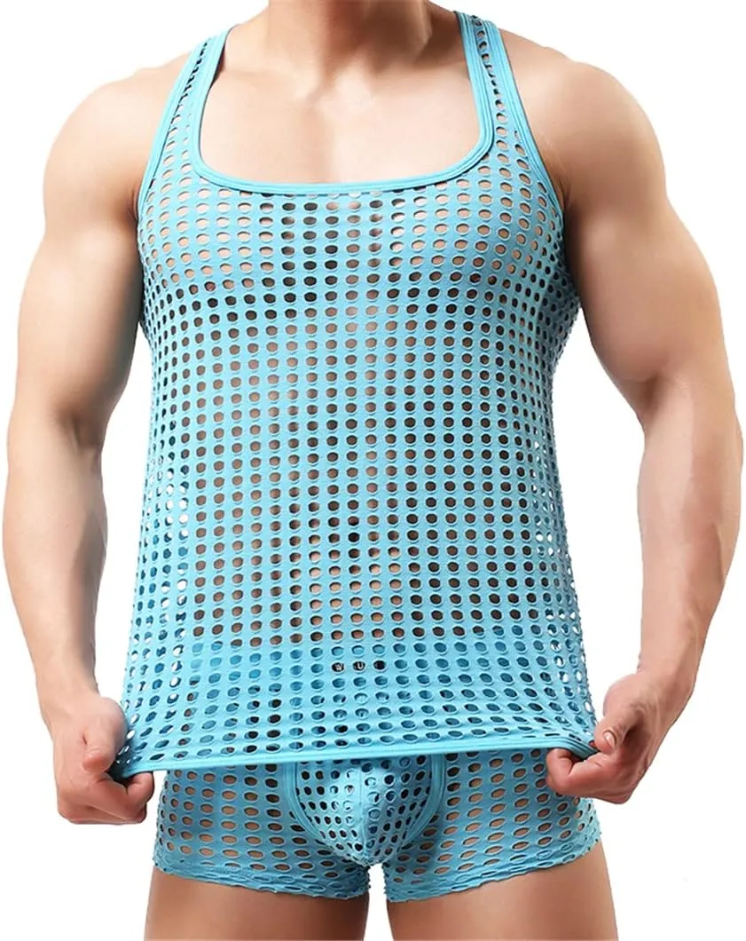 Mesh Tank Tops Boxers Men Fishnet Quick Dry Beachwear Fitness Bodybuilding Tanks Shirts Boxers
