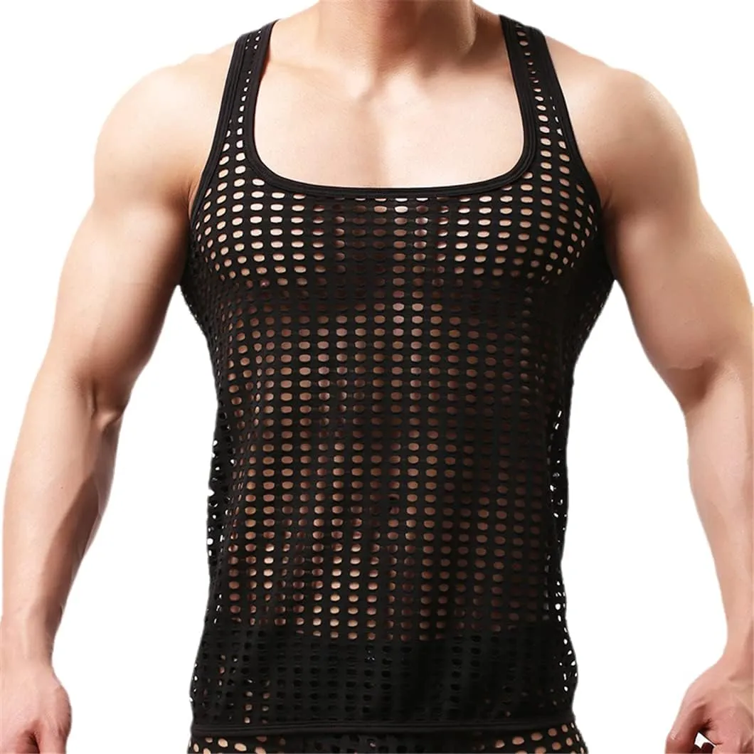 Mesh Tank Tops Boxers Men Fishnet Quick Dry Beachwear Fitness Bodybuilding Tanks Shirts Boxers