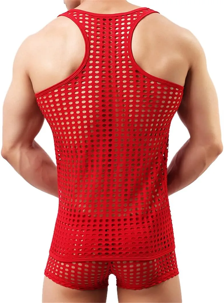 Mesh Tank Tops Boxers Men Fishnet Quick Dry Beachwear Fitness Bodybuilding Tanks Shirts Boxers