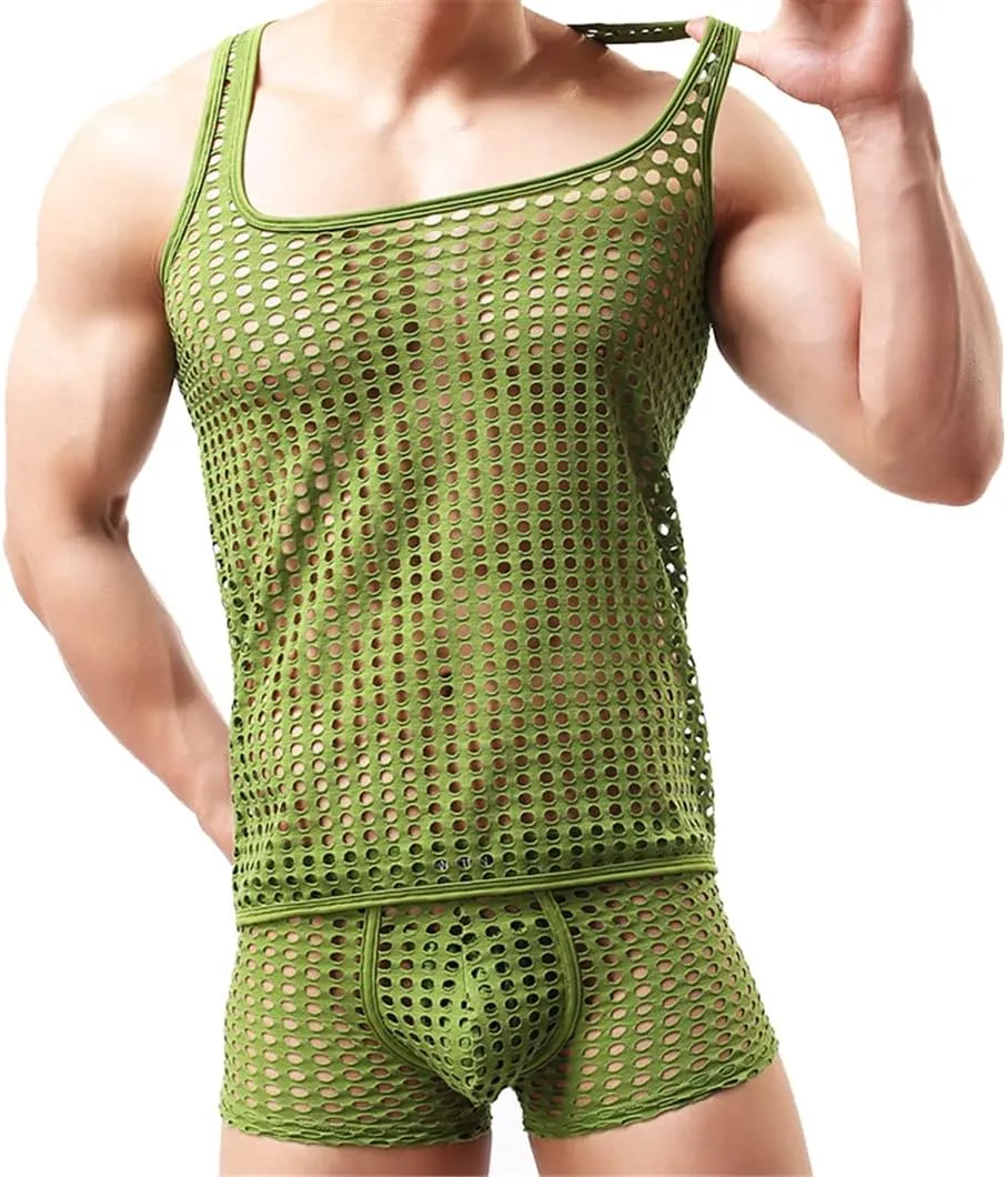 Mesh Tank Tops Boxers Men Fishnet Quick Dry Beachwear Fitness Bodybuilding Tanks Shirts Boxers