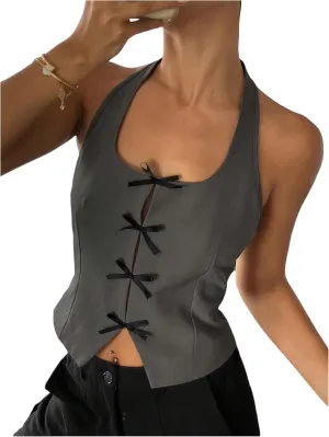 Milumia Women's Backless Halter Vest Bow Asymmetrical Hem Dressy Tops
