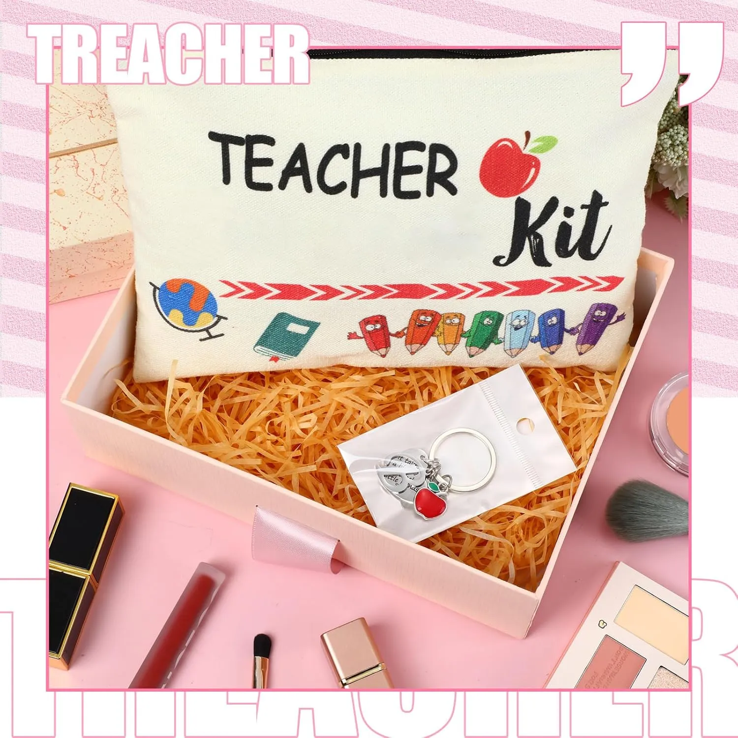 MTLEE 2 Pcs Teacher Appreciation Gift Sets 2025 Graduation Present Makeup Pouch Cosmetic Bag Thank You Keychain with Initial