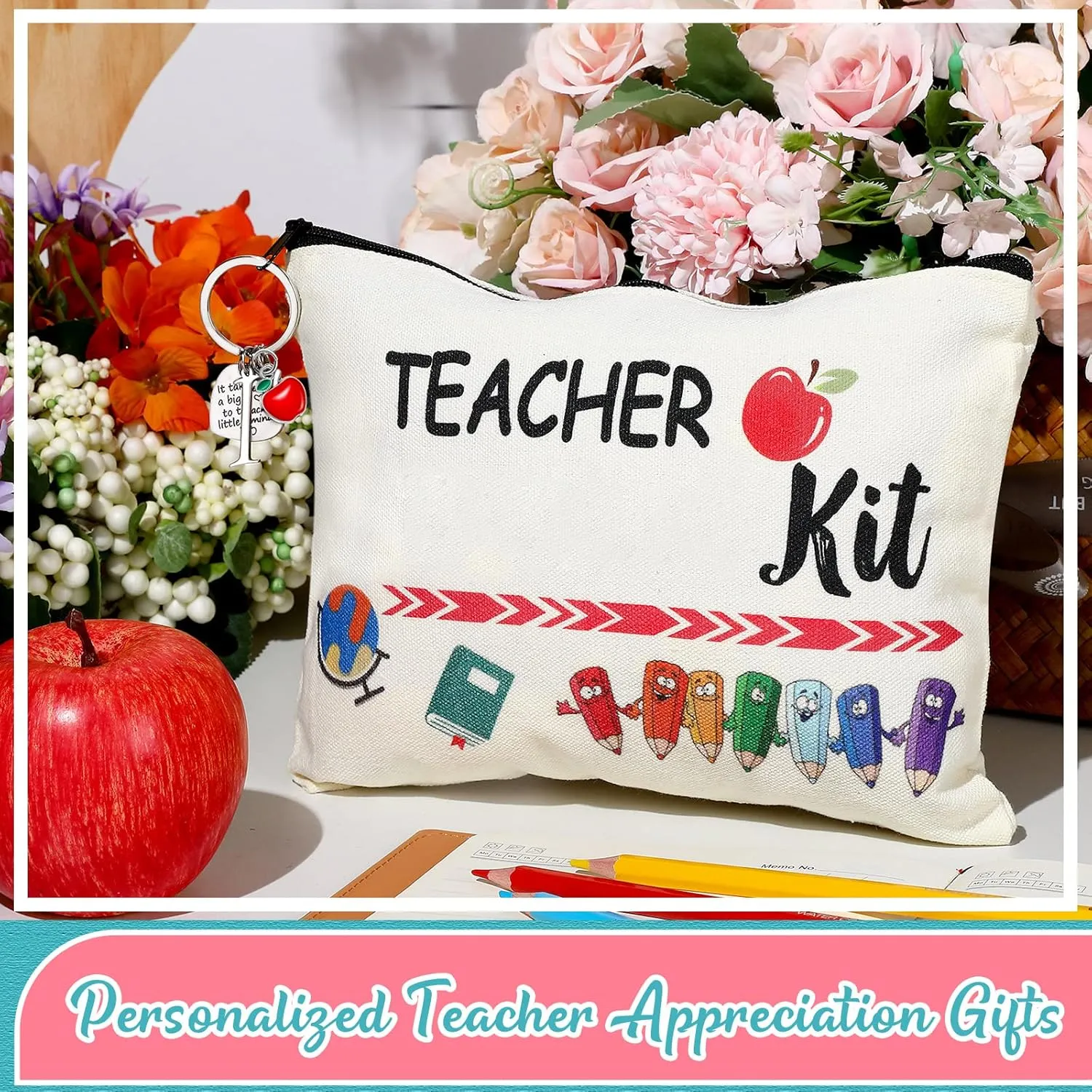 MTLEE 2 Pcs Teacher Appreciation Gift Sets 2025 Graduation Present Makeup Pouch Cosmetic Bag Thank You Keychain with Initial
