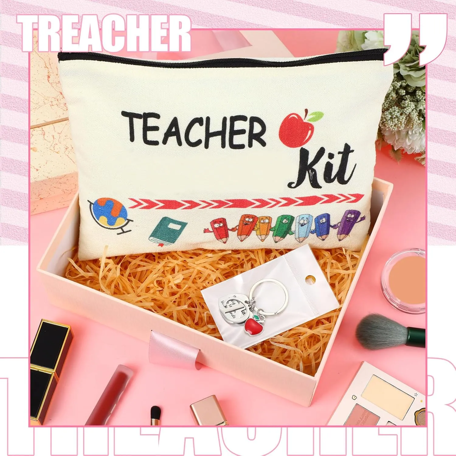 MTLEE 2 Pcs Teacher Appreciation Gift Sets 2025 Graduation Present Makeup Pouch Cosmetic Bag Thank You Keychain with Initial