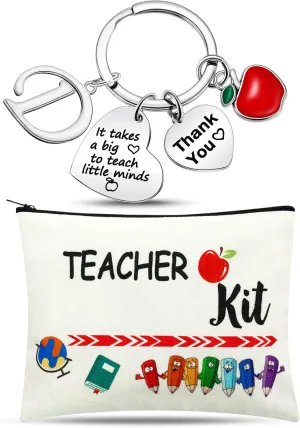 MTLEE 2 Pcs Teacher Appreciation Gift Sets 2025 Graduation Present Makeup Pouch Cosmetic Bag Thank You Keychain with Initial