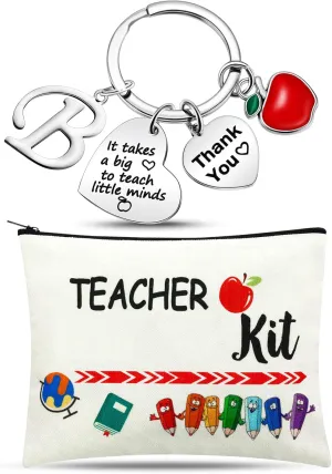 MTLEE 2 Pcs Teacher Appreciation Gift Sets 2025 Graduation Present Makeup Pouch Cosmetic Bag Thank You Keychain with Initial