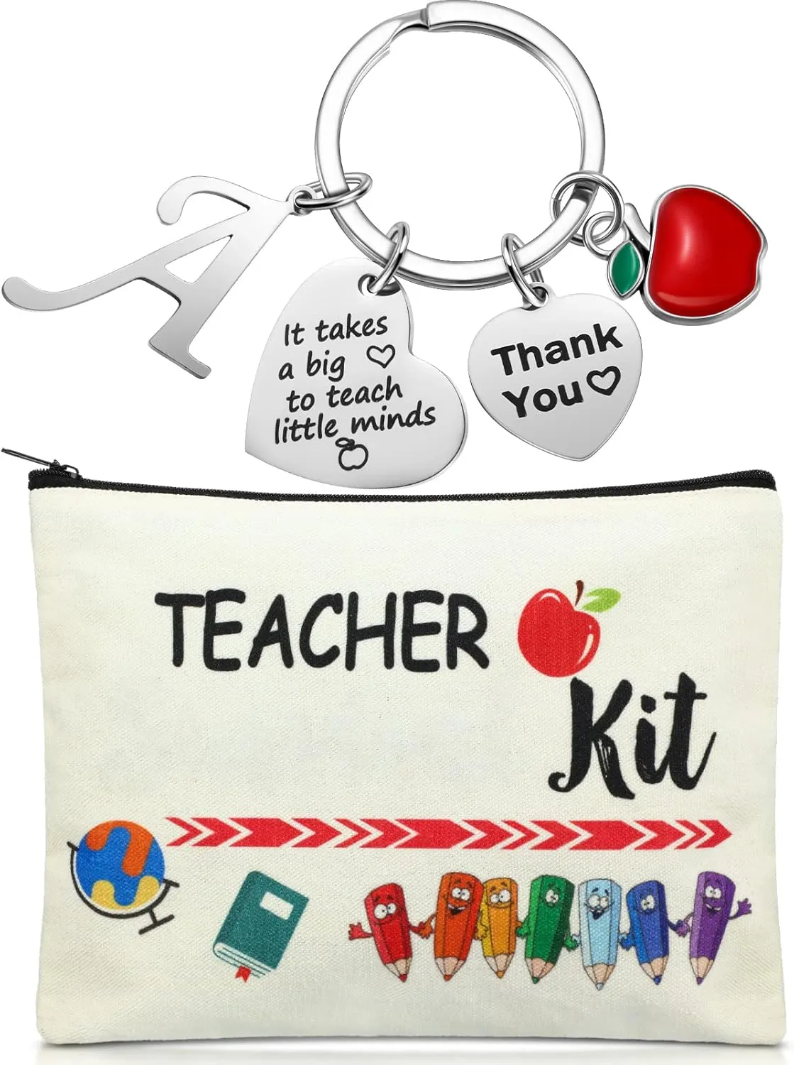 MTLEE 2 Pcs Teacher Appreciation Gift Sets 2025 Graduation Present Makeup Pouch Cosmetic Bag Thank You Keychain with Initial(A Shape)