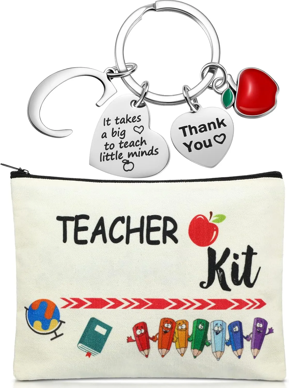 MTLEE 2 Pcs Teacher Appreciation Gift Sets 2025 Graduation Present Makeup Pouch Cosmetic Bag Thank You Keychain with Initial(C Shape)