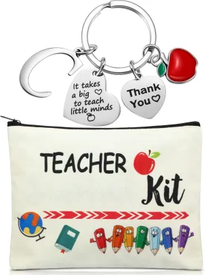 MTLEE 2 Pcs Teacher Appreciation Gift Sets 2025 Graduation Present Makeup Pouch Cosmetic Bag Thank You Keychain with Initial(C Shape)