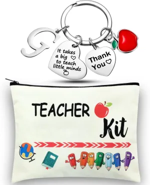 MTLEE 2 Pcs Teacher Appreciation Gift Sets 2025 Graduation Present Makeup Pouch Cosmetic Bag Thank You Keychain with Initial(G Shape)