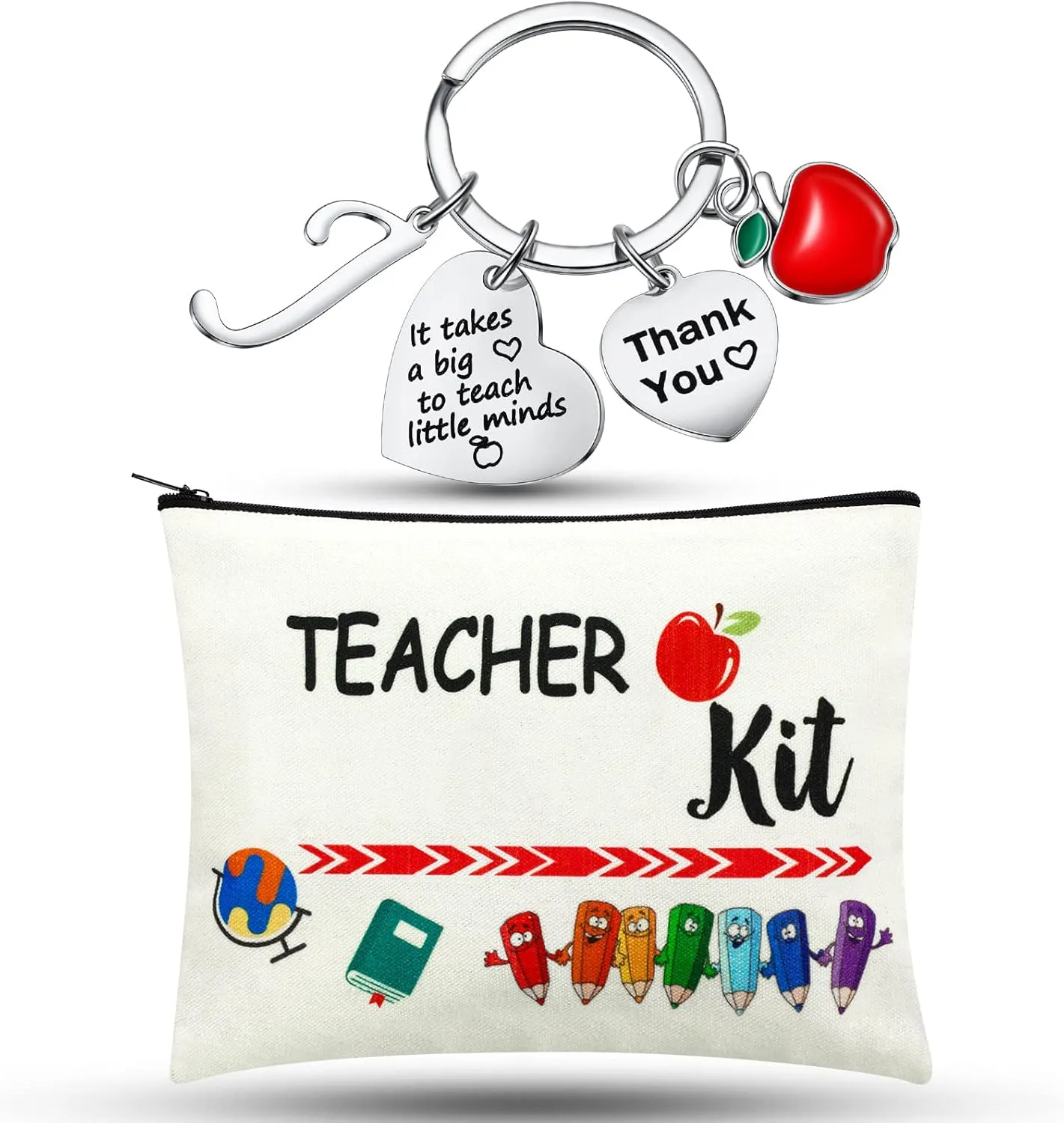 MTLEE 2 Pcs Teacher Appreciation Gift Sets 2025 Graduation Present Makeup Pouch Cosmetic Bag Thank You Keychain with Initial(J Shape)