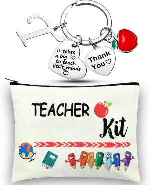 MTLEE 2 Pcs Teacher Appreciation Gift Sets 2025 Graduation Present Makeup Pouch Cosmetic Bag Thank You Keychain with Initial(T Shape)
