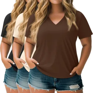 Neer 3 Pack Women's Plus Size T Shirts Short Sleeve V Neck Tops Solid Flat Hem Basic Loose Causal Tees