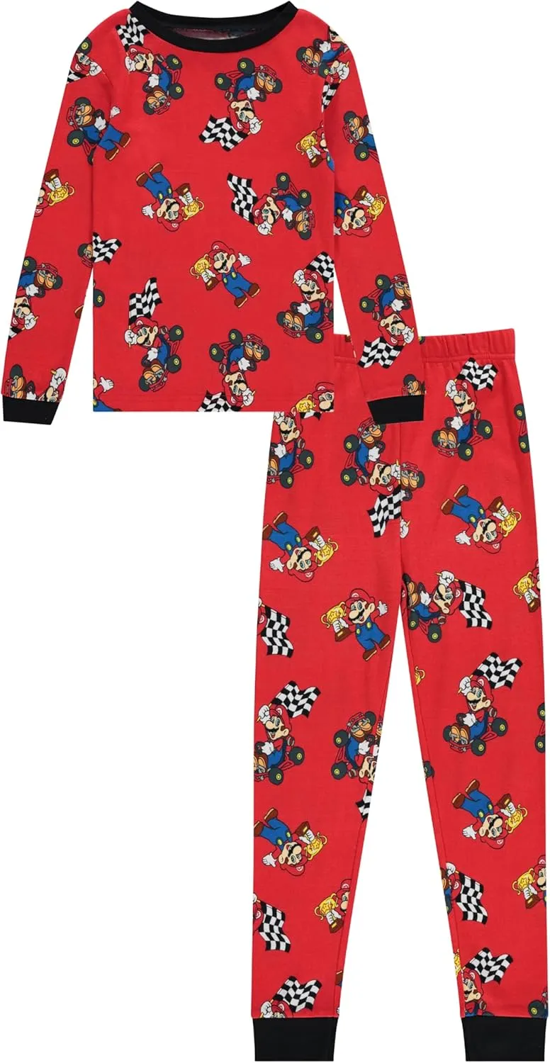 Nintendo Boys Mario Pajamas Set - 4 Piece Long Sleeve Super Mario Pajamas - Mario, Luigi, Donkey Kong Pajamas Set