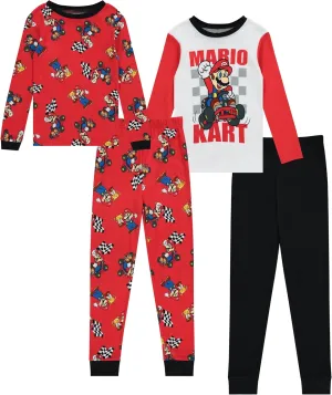 Nintendo Boys Mario Pajamas Set - 4 Piece Long Sleeve Super Mario Pajamas - Mario, Luigi, Donkey Kong Pajamas Set