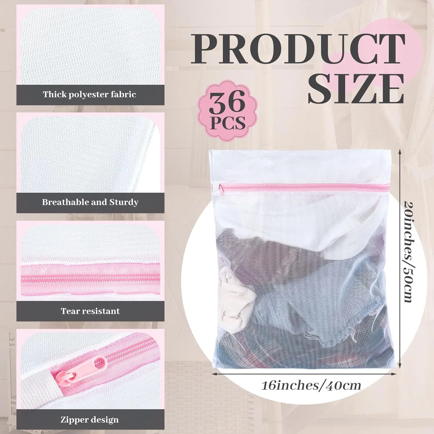 Nuenen 36 Pieces Mesh Laundry Bags Fine Mesh Wash Bags with Zipper Machine Washable Lingerie Bags for Washing Delicates Clothes Garment Underwear Blouse Hosiery Socks Travel, 16 x 20 Inches (Pink)