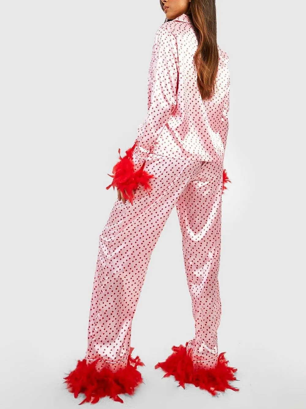 NUFIWI Women 2 Piece Lounge Set Heart Printed Long Sleeve Button Down Shirt and Pants Feather Trim Pajamas Sleepwear Set