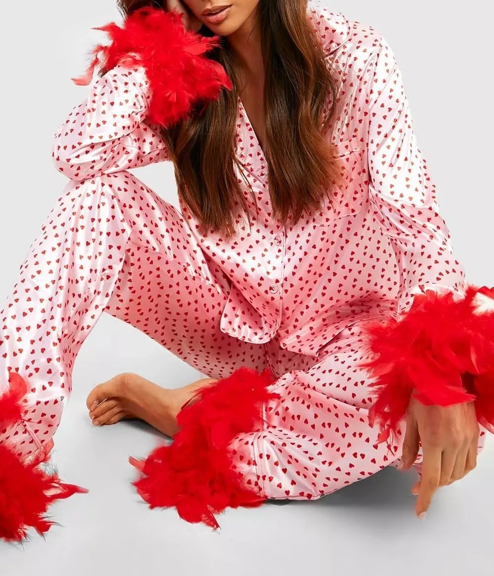 NUFIWI Women 2 Piece Lounge Set Heart Printed Long Sleeve Button Down Shirt and Pants Feather Trim Pajamas Sleepwear Set