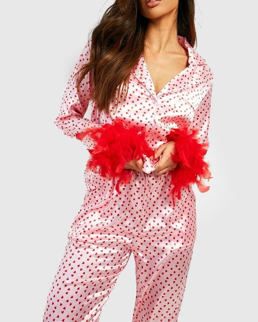NUFIWI Women 2 Piece Lounge Set Heart Printed Long Sleeve Button Down Shirt and Pants Feather Trim Pajamas Sleepwear Set
