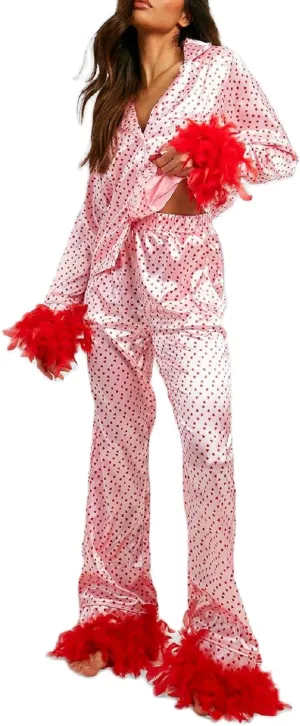 NUFIWI Women 2 Piece Lounge Set Heart Printed Long Sleeve Button Down Shirt and Pants Feather Trim Pajamas Sleepwear Set