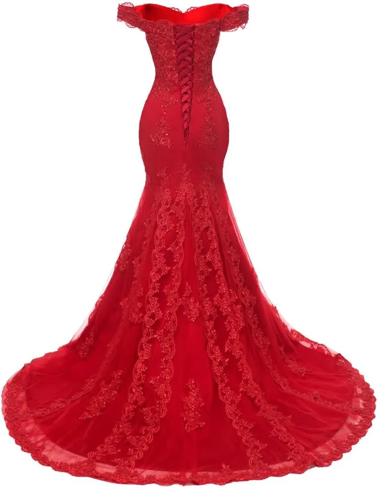 Off The Shoulder Mermaid Prom Dress Long Beaded Lace Evening Formal Gowns Wedding Dress