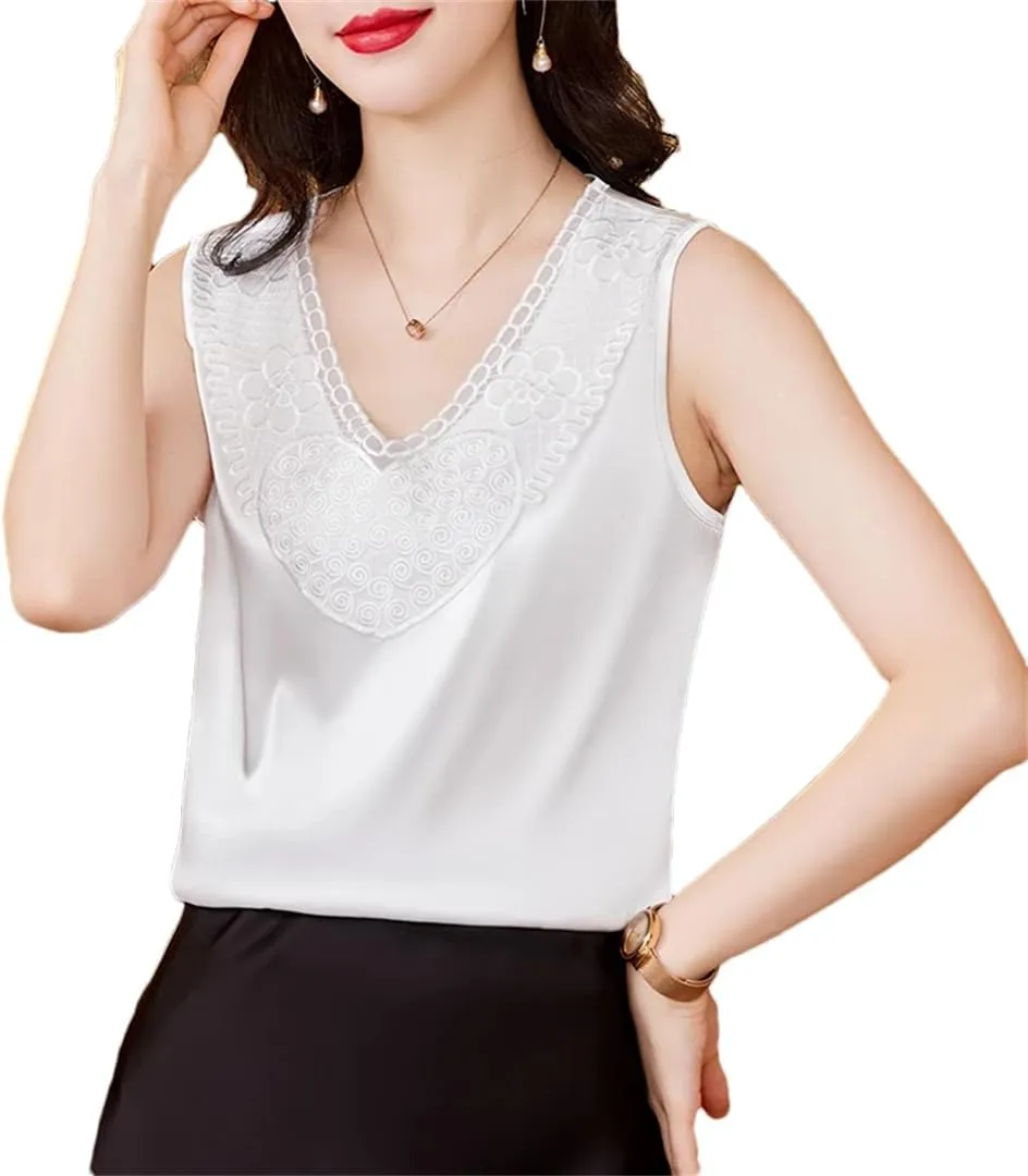 Office Lady Tank Tops Spring Summer Women Camisole Sleeveless Casual Silk Satin Lace Vest