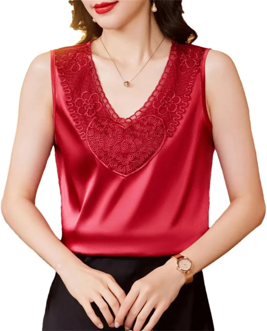 Office Lady Tank Tops Spring Summer Women Camisole Sleeveless Casual Silk Satin Lace Vest