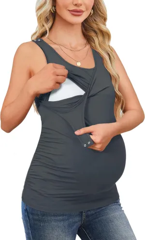 OUGES 2025 Womens Maternity Nursing Tank Tops Summer Scoop Neck Ruched Side Sleeveless Maternity Shirts Pregnancy Clothes
