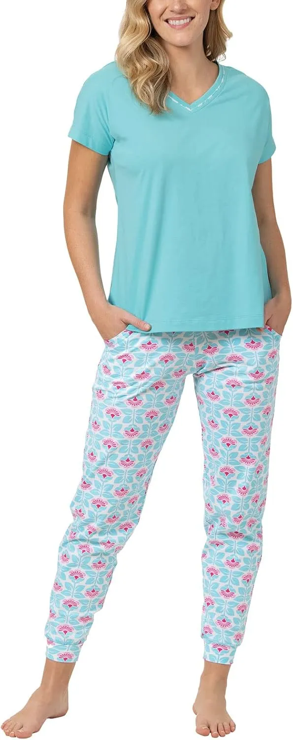 PajamaGram Jogger Pajama Set for Women Summer Cotton Pajamas for Women Cotton Pajamas Ladies Short Sleeve Jogger Set