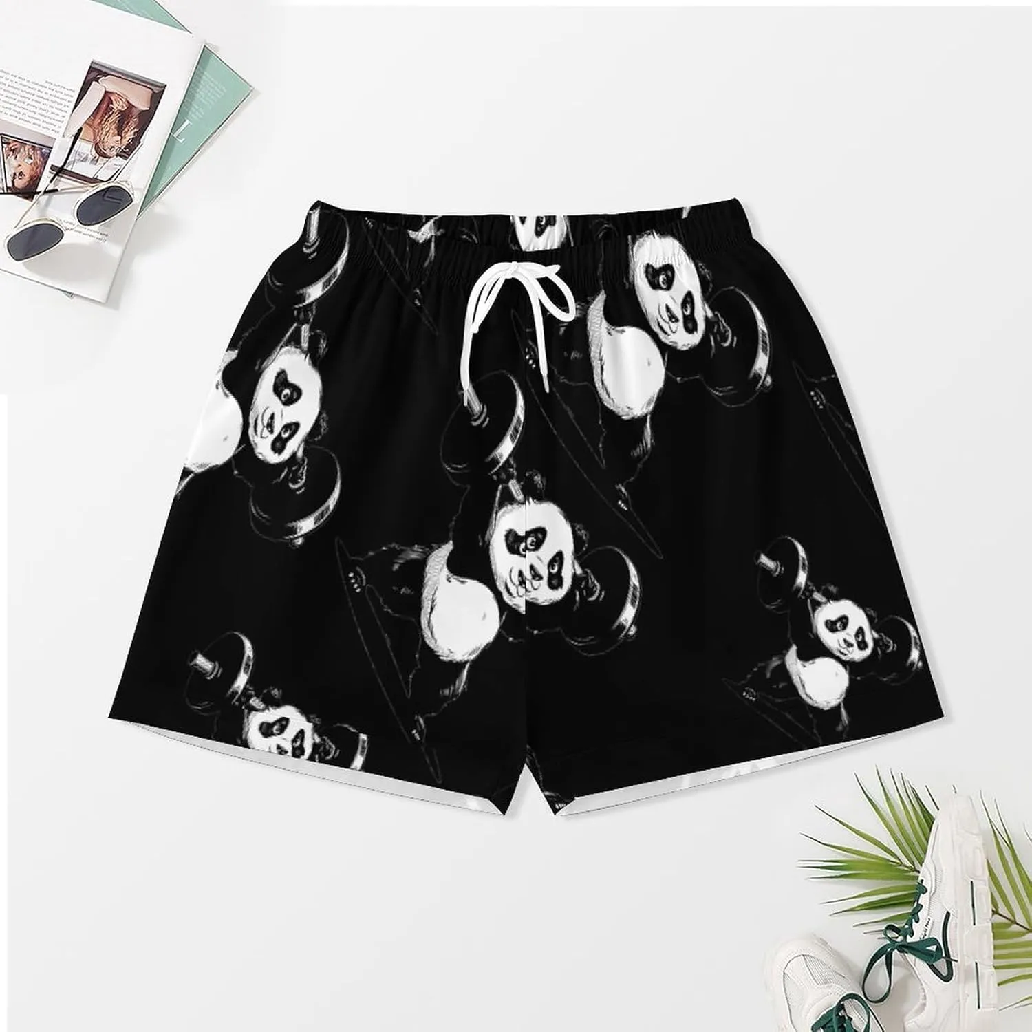 Panda Weightlifting Fitness Gym Women's Satin Pajama Set Short Sleeve Button Down Sleepwear Loungewear Pj Set