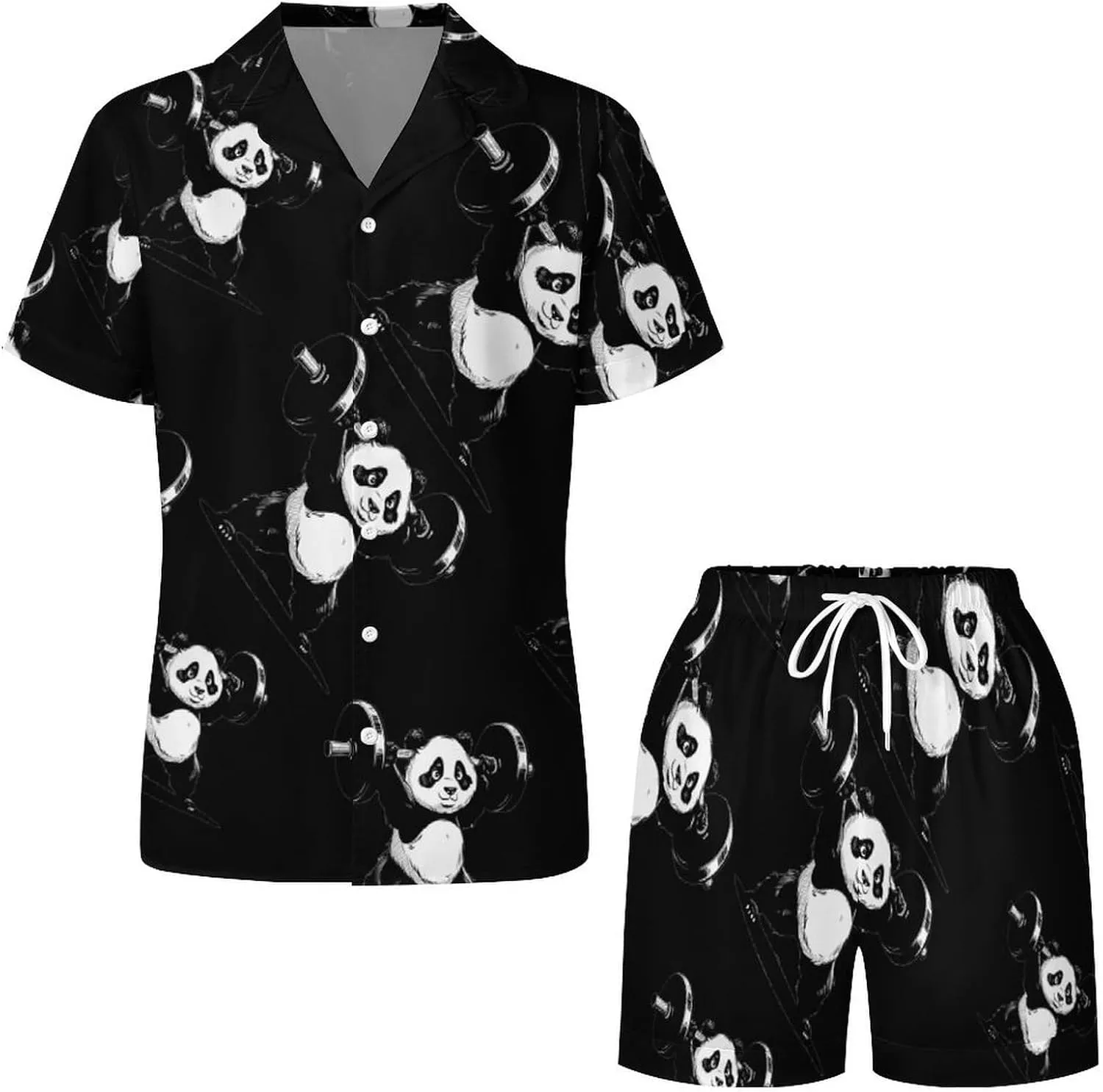 Panda Weightlifting Fitness Gym Women's Satin Pajama Set Short Sleeve Button Down Sleepwear Loungewear Pj Set