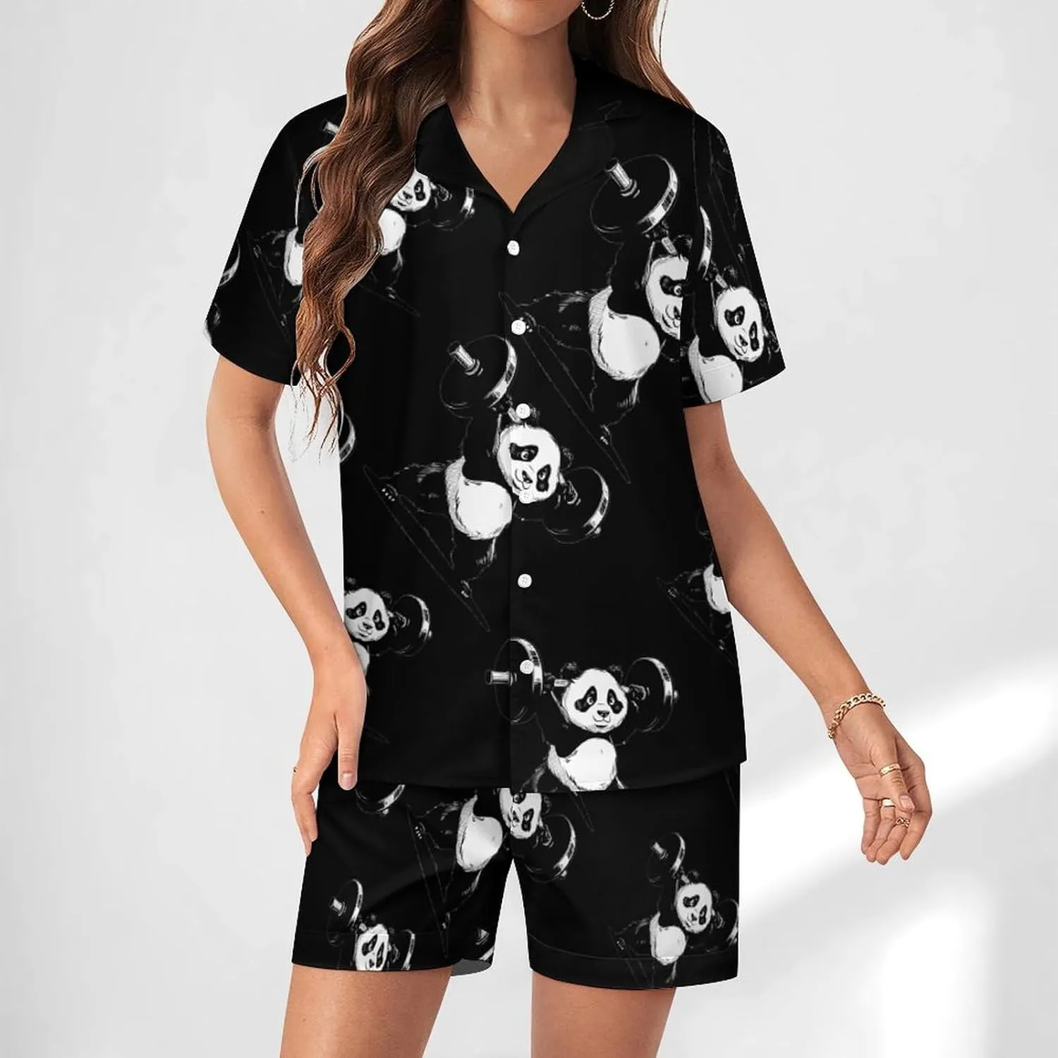 Panda Weightlifting Fitness Gym Women's Satin Pajama Set Short Sleeve Button Down Sleepwear Loungewear Pj Set
