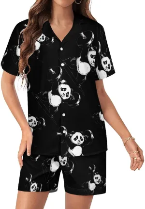 Panda Weightlifting Fitness Gym Women's Satin Pajama Set Short Sleeve Button Down Sleepwear Loungewear Pj Set