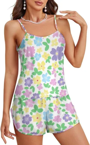 Pastel Floral Pattern Flowers Prints Pajamas for Women Set 2 Piece Pjs Silk Sleepwear Loungewear Sleeveless Top And Short